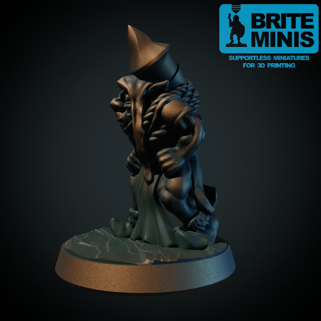 3D-printet goblin med brennende fyrverkeri i grå PLA til D&D og Pathfinder.