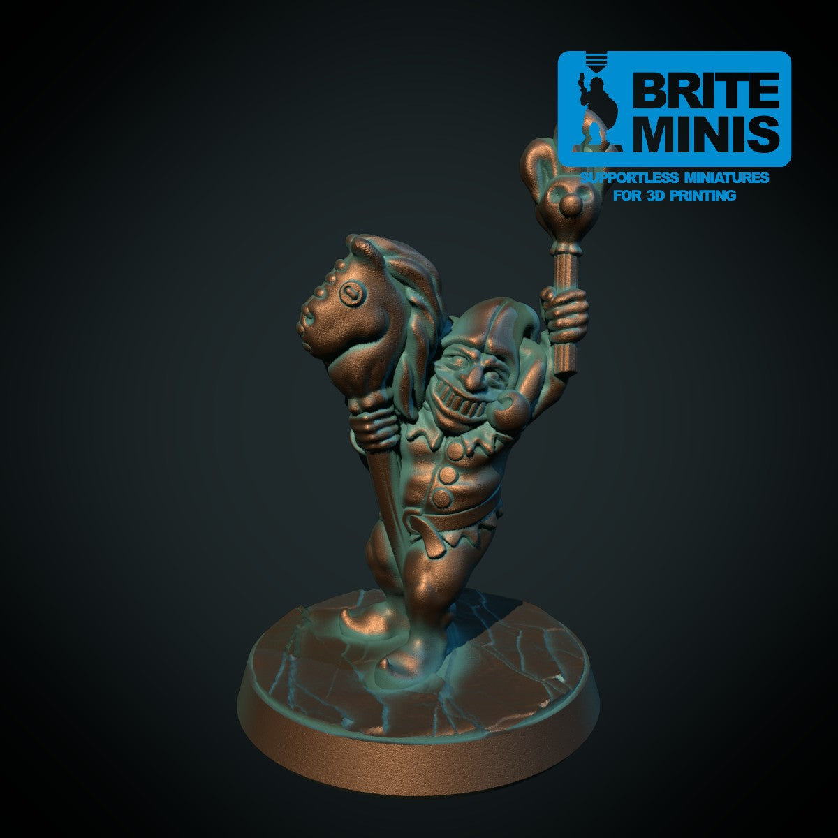 3D-printet goblin-narr med pussig positur i grå PLA til D&D og Pathfinder.