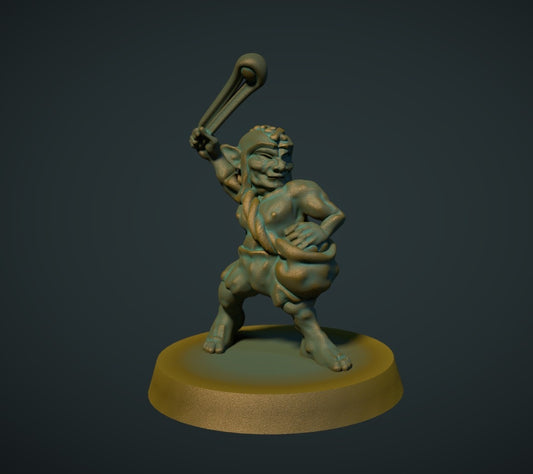 3D-printet goblin med slynge klar til angrep i grå PLA til D&D og Pathfinder.
