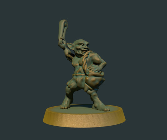 3D-printet goblin med slynge, alternativ positur, i grå PLA til D&D og Pathfinder.
