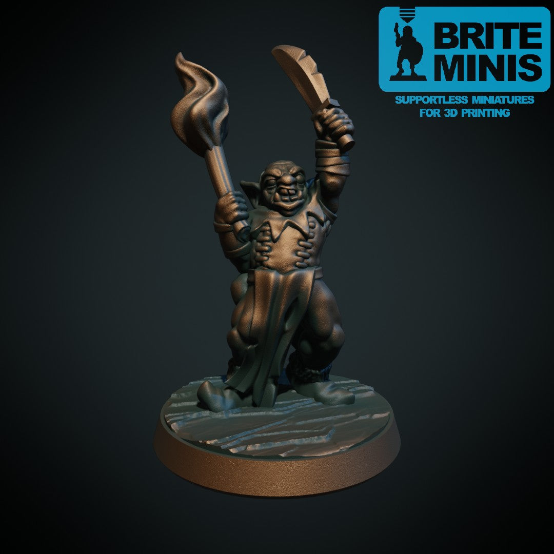 3D-printet goblin med brennende fakkel i grå PLA til D&D og Pathfinder.