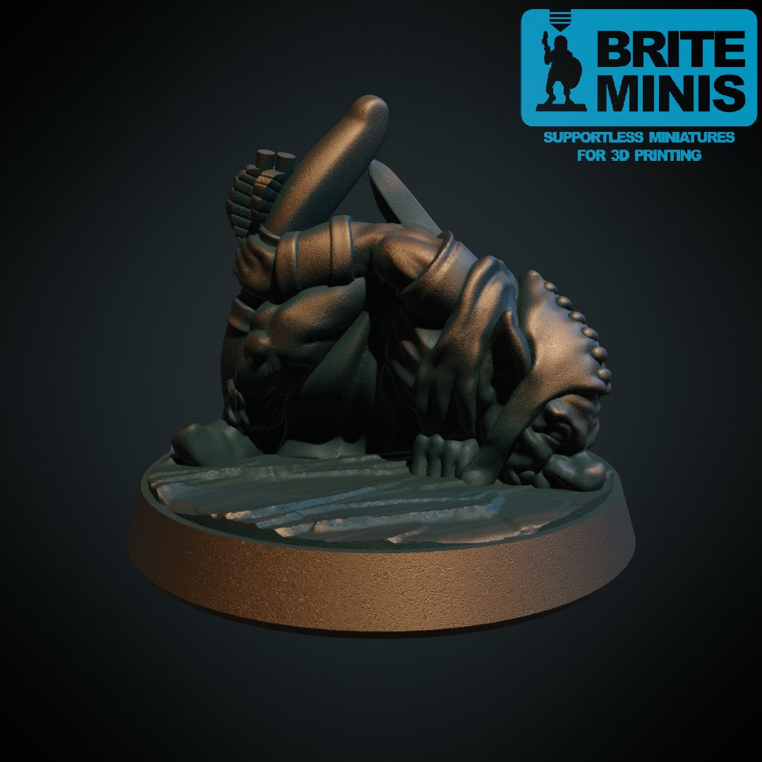 3D-printet goblin-sporer på jakt i grå PLA til D&D og Pathfinder.