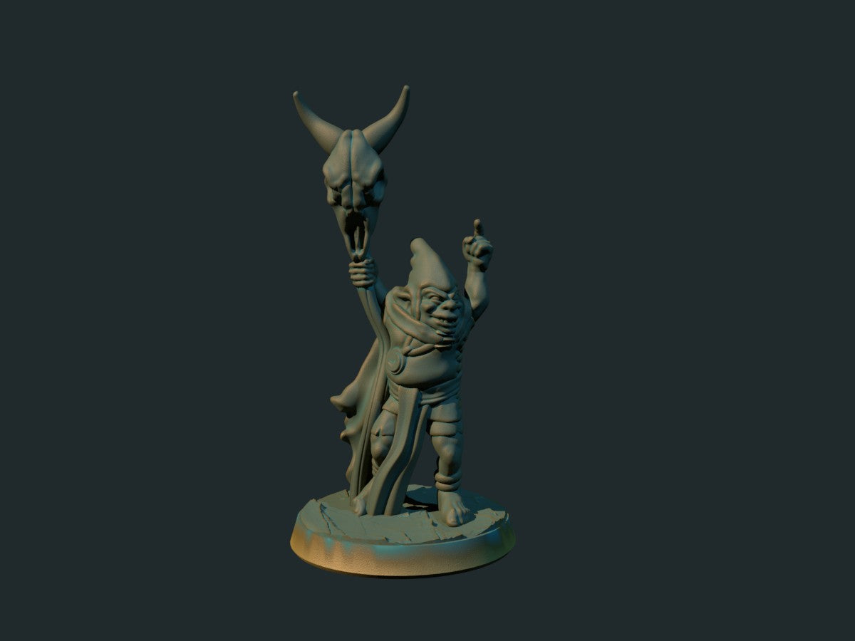 3D-printet goblin-heksemester med kappe og magisk utseende i grå PLA til D&D og Pathfinder.