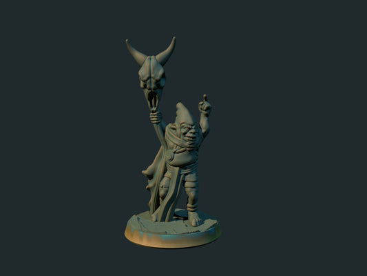3D-printet goblin-heksemester med kappe og magisk utseende i grå PLA til D&D og Pathfinder.