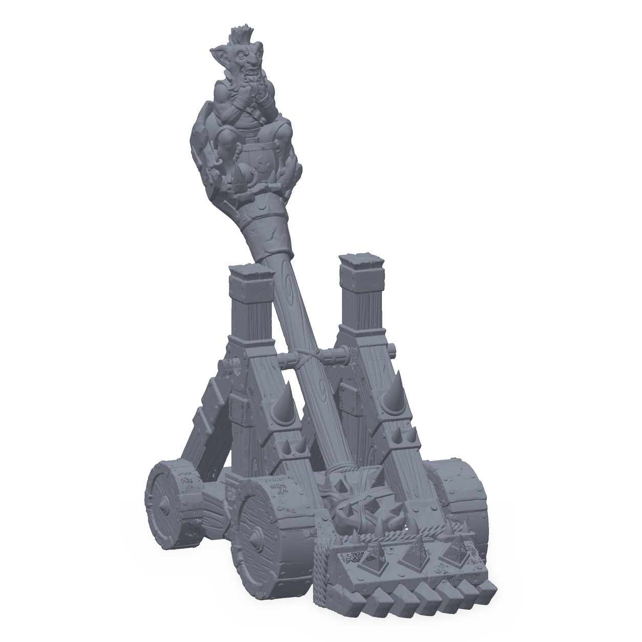 3D-printet goblinkatapult i grå PLA – beleiringsvåpen med goblin i skjeen, til D&D og Pathfinder.