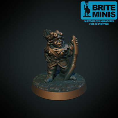 Fire halfling-eventyrere med bue, armbrøst og sverd, 3D-printet D&D-miniatyrsett fra Spillsmia.