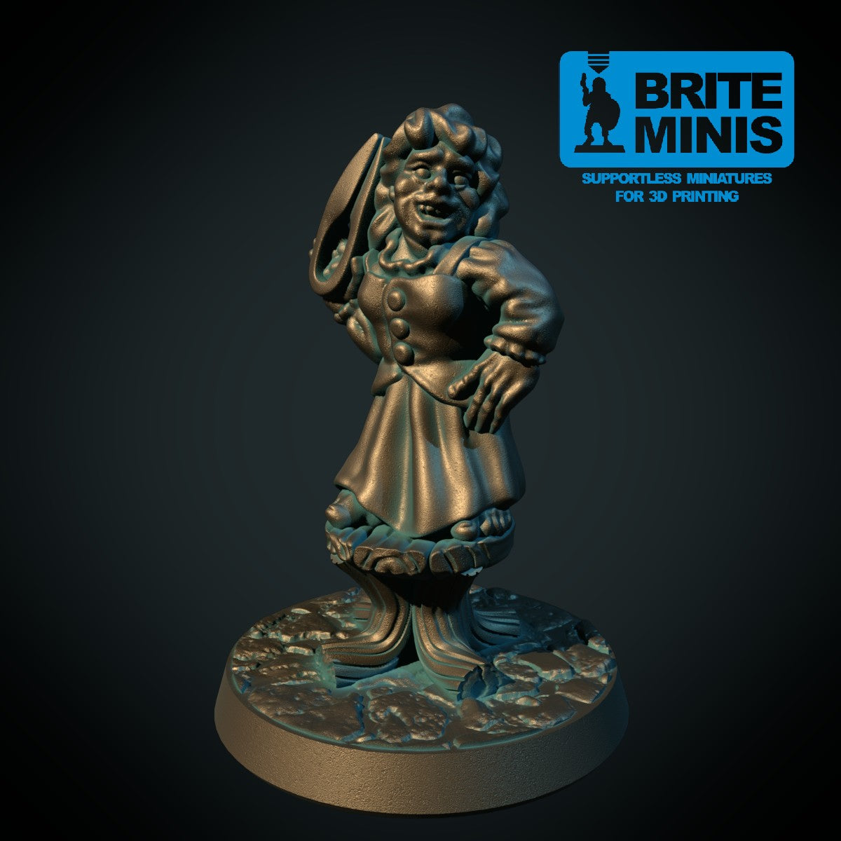 Halfling-barberer på krakk, 3D-printet D&D-miniatyr fra Spillsmia.
