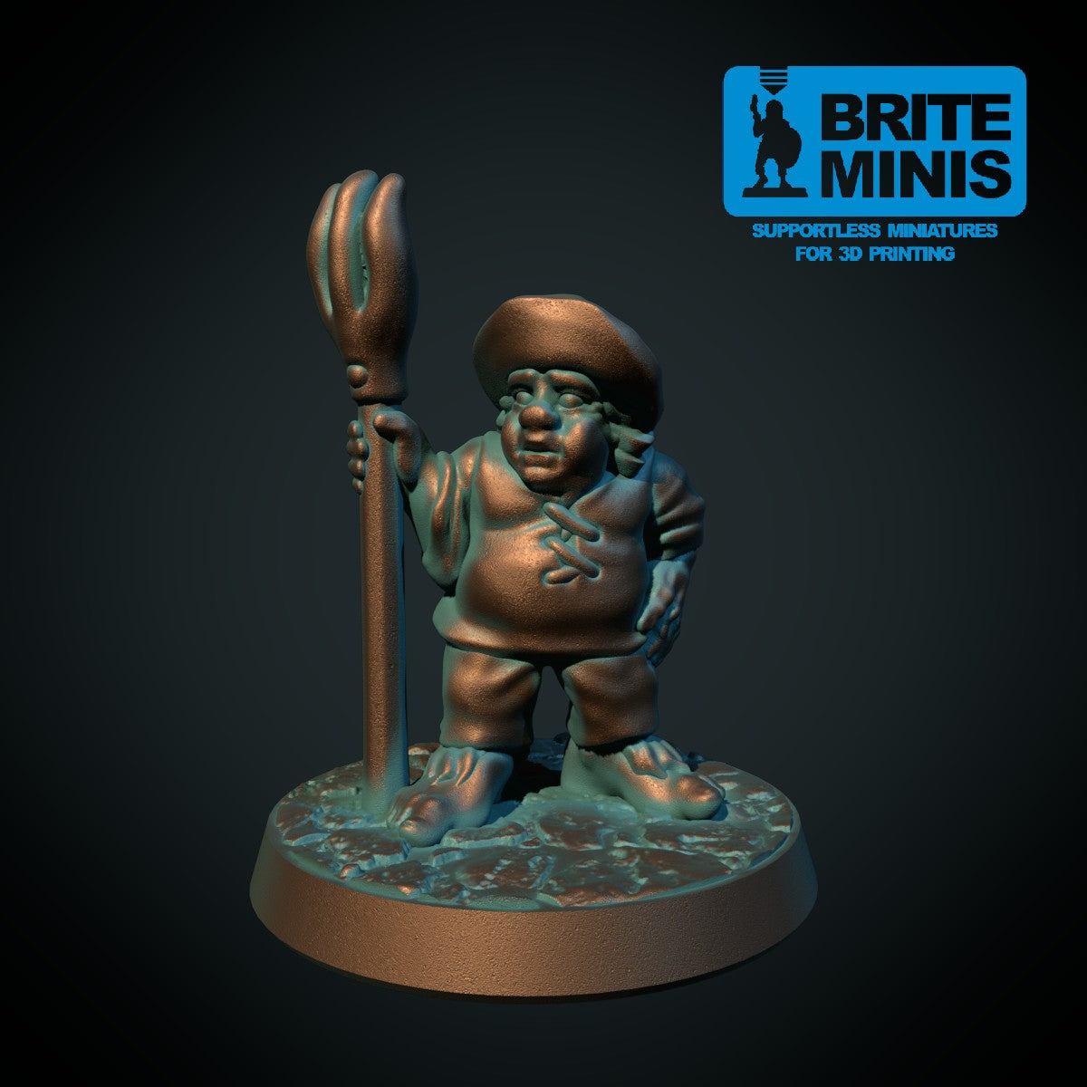 Halfling-bonde, 3D-printet D&D-miniatyr fra Spillsmia.