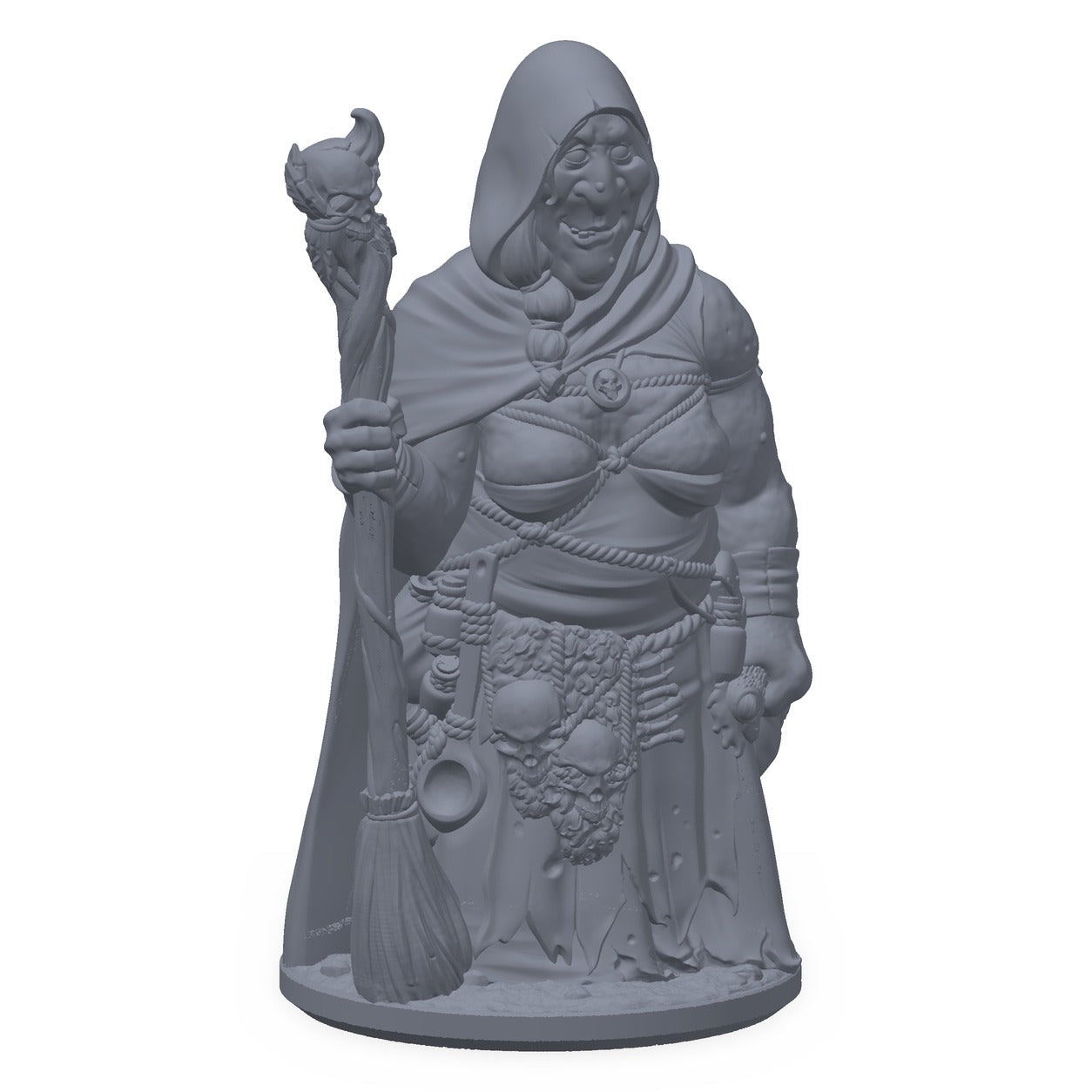 3D-printet heksekjerring-miniatyr i grå PLA – lutende heks med kost og stav, til D&D og Pathfinder.
