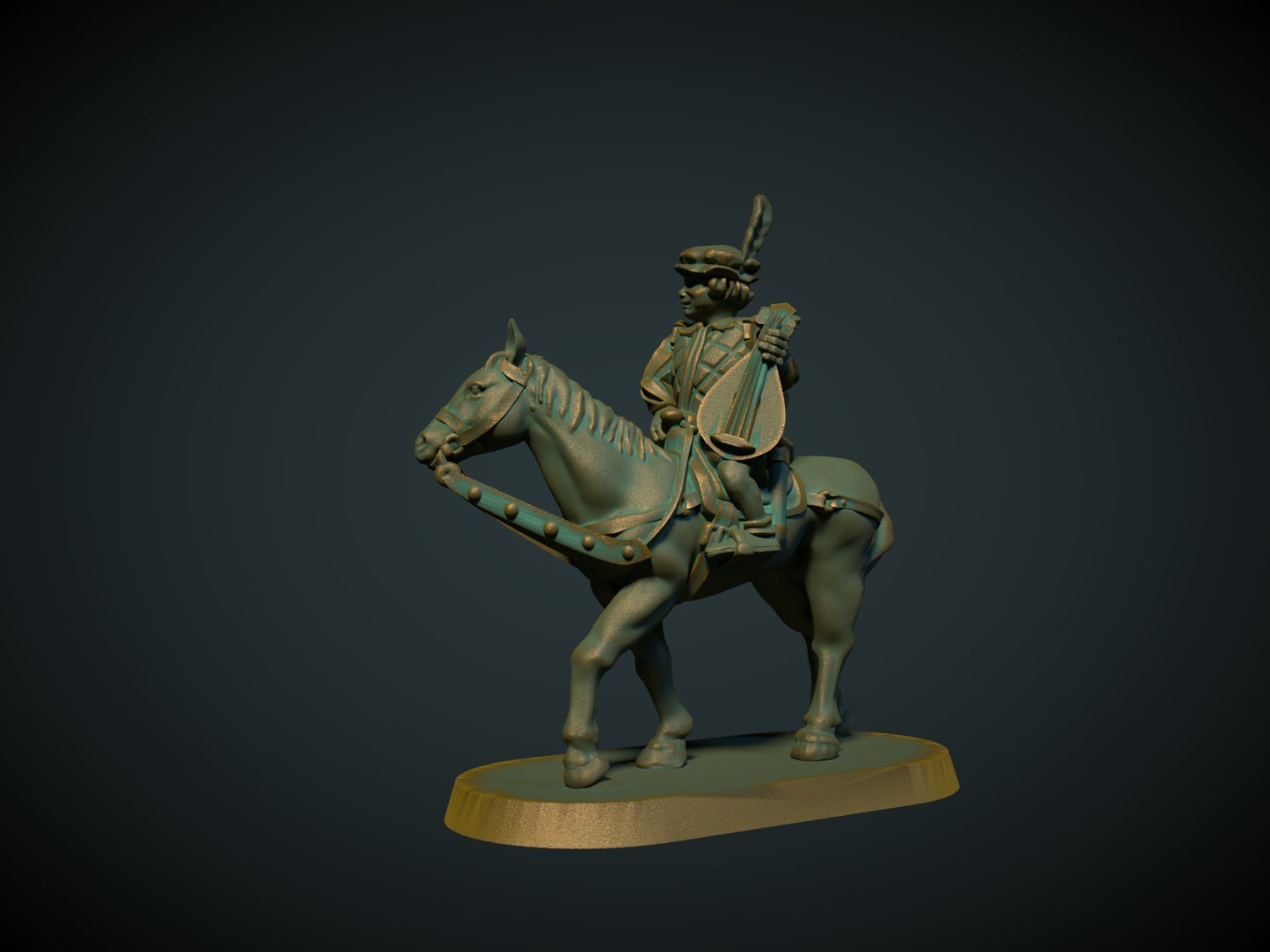 Ridende barde, 3D-printet D&D-miniatyr fra Spillsmia.