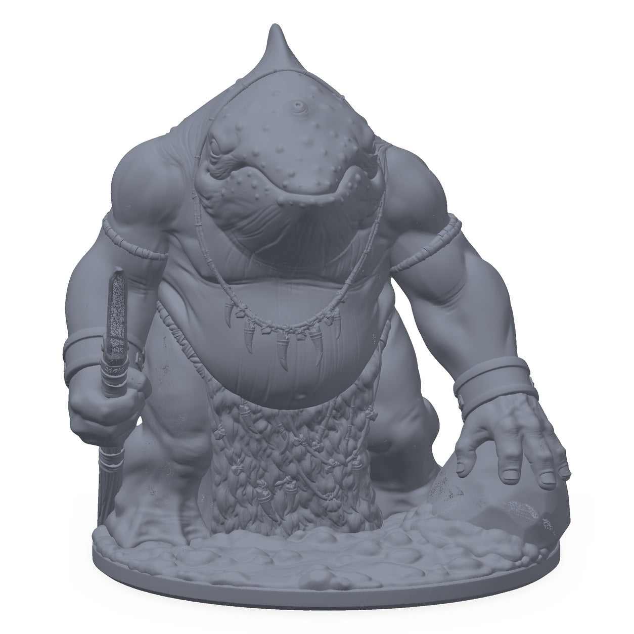 3D-printet hvalogre-miniatyr i grå PLA – massiv havkjempe med våpen, til D&D og Pathfinder.