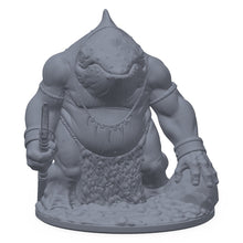 3D-printet hvalogre-miniatyr i grå PLA – massiv havkjempe med våpen, til D&D og Pathfinder.