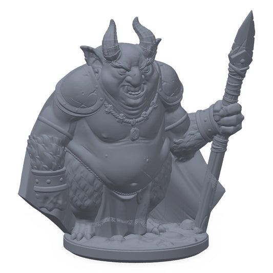 3D-printet imp-krigsherre-miniatyr i grå PLA – rustningskledd imp med sverd, til D&D og Pathfinder.