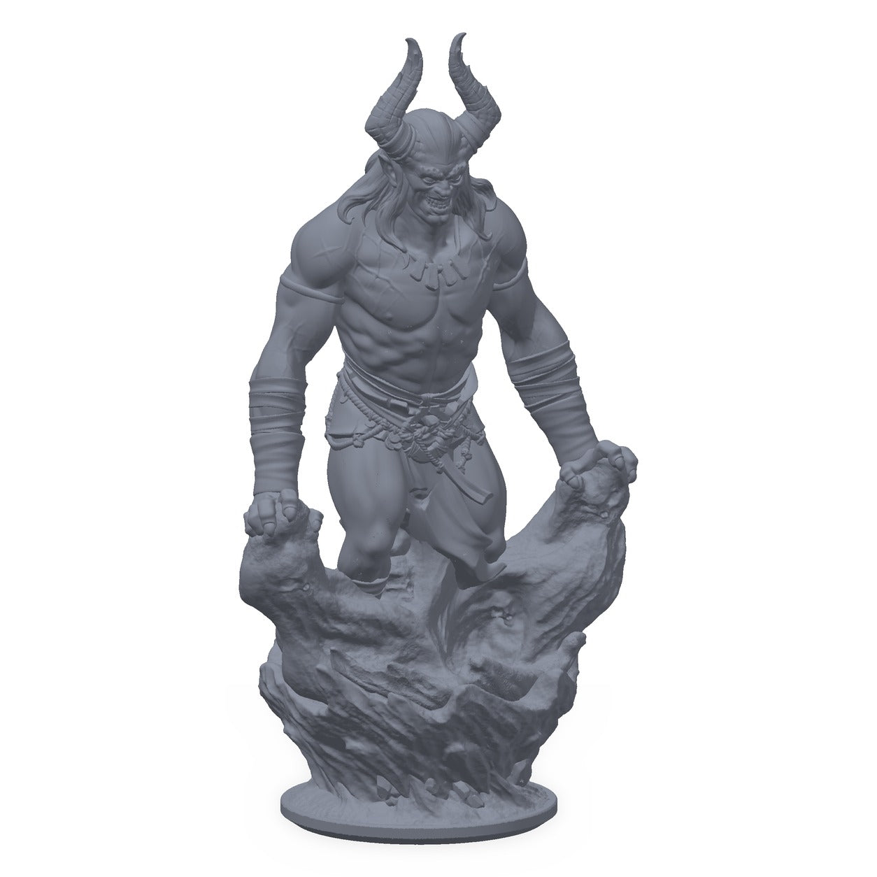 3D-printet Izhual-miniatyr i grå PLA – hornet ørkendemon, til D&D og Pathfinder.