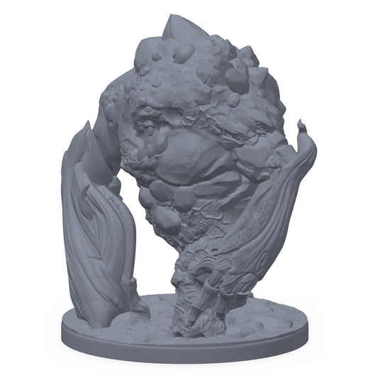 3D-printet jordgolem-miniatyr i grå PLA – steinvesen med gapende kjeft, til D&D og Pathfinder.
