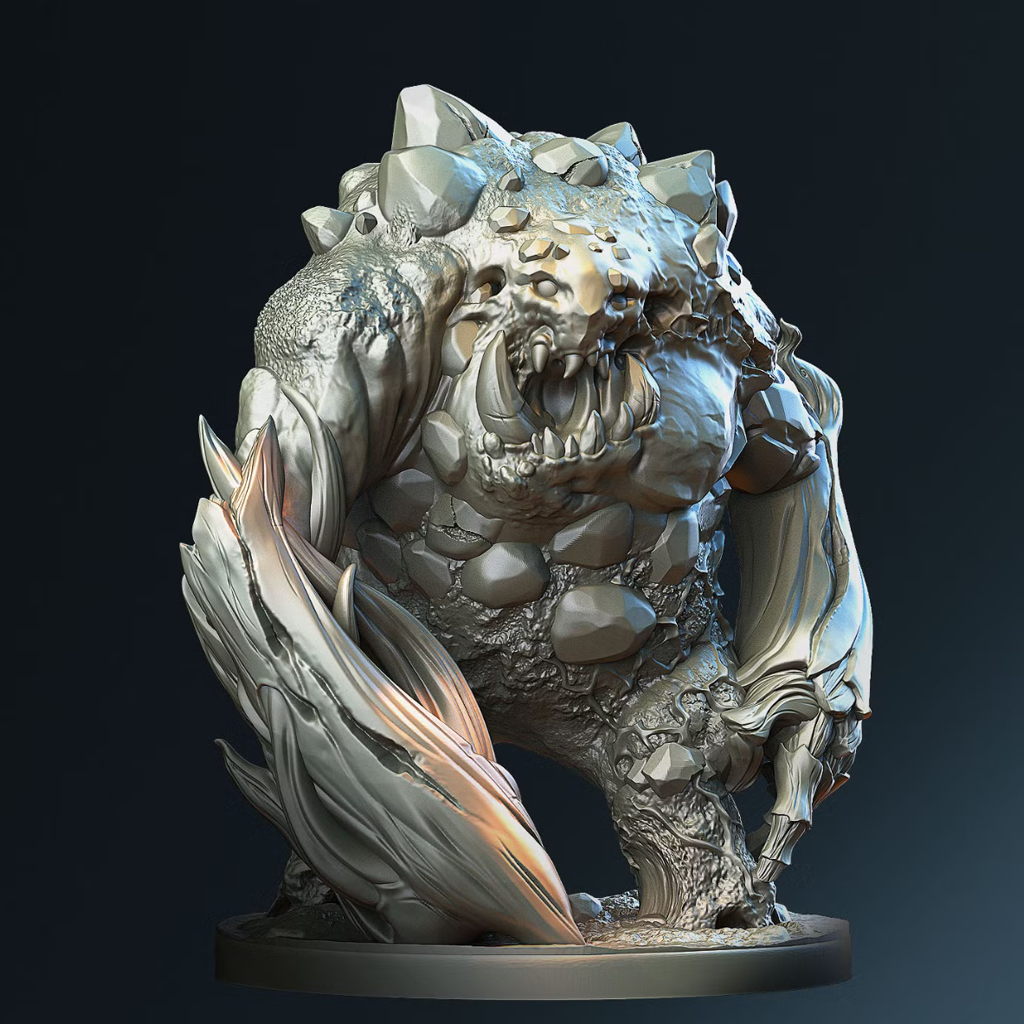 3D-printet jordgolem-miniatyr i grå PLA – steinvesen med gapende kjeft, til D&D og Pathfinder.