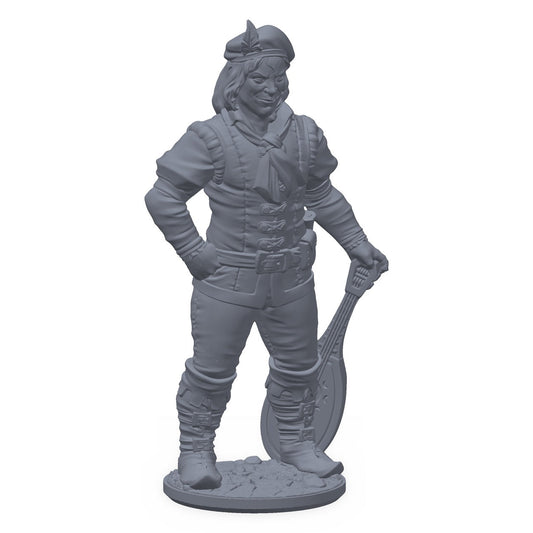 3D-printet bard-miniatyr i grå PLA – Joriel Songweaver med lutt og fjærhatt, til D&D og Pathfinder.