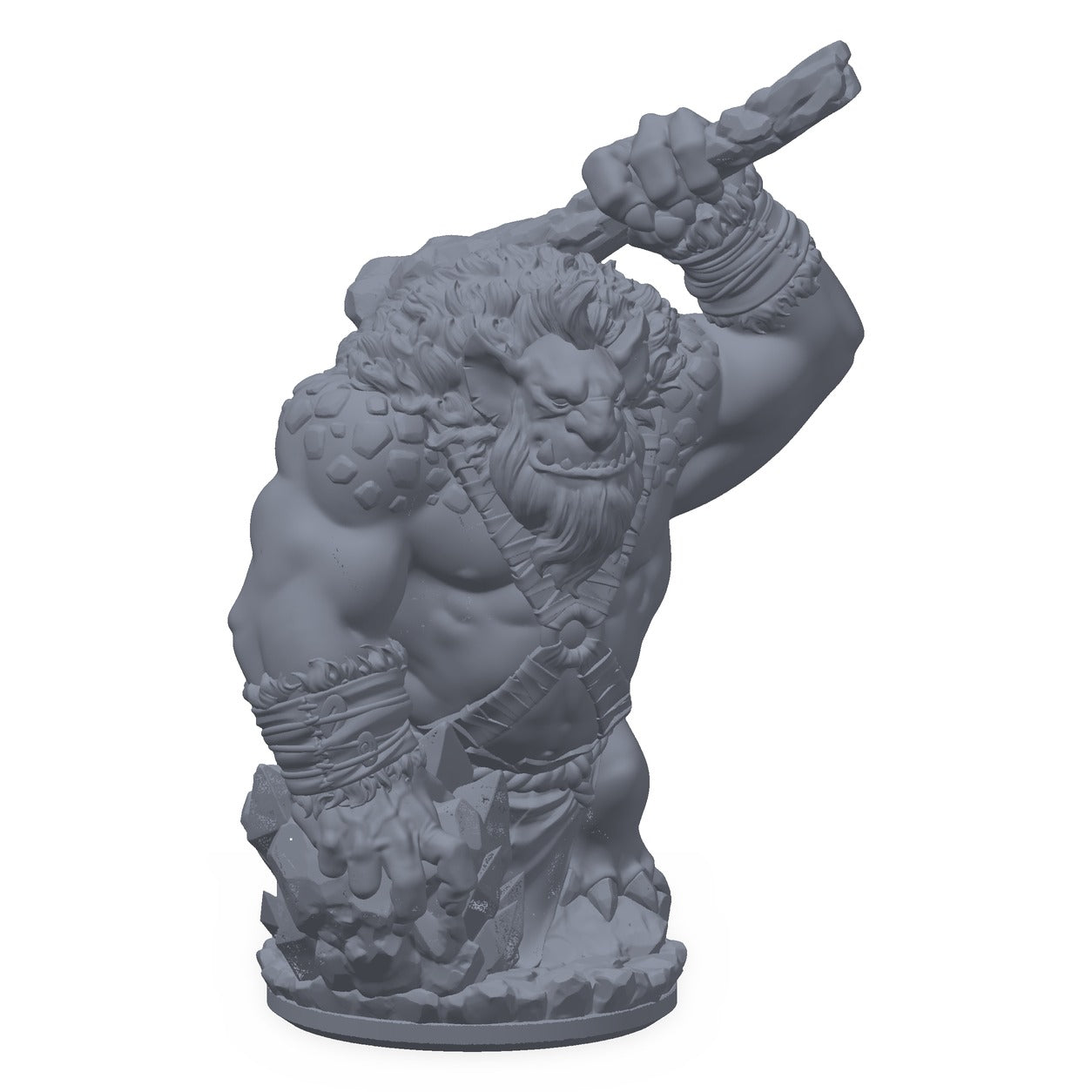 3D-printet frosttroll-miniatyr i grå PLA – Kazul med steinklubbe, til D&D og Pathfinder.
