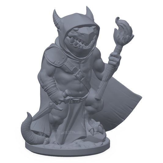 3D-printet koboldtyv-miniatyr i grå PLA – kobold med dolk og stjålet pengepung, til D&D og Pathfinder.