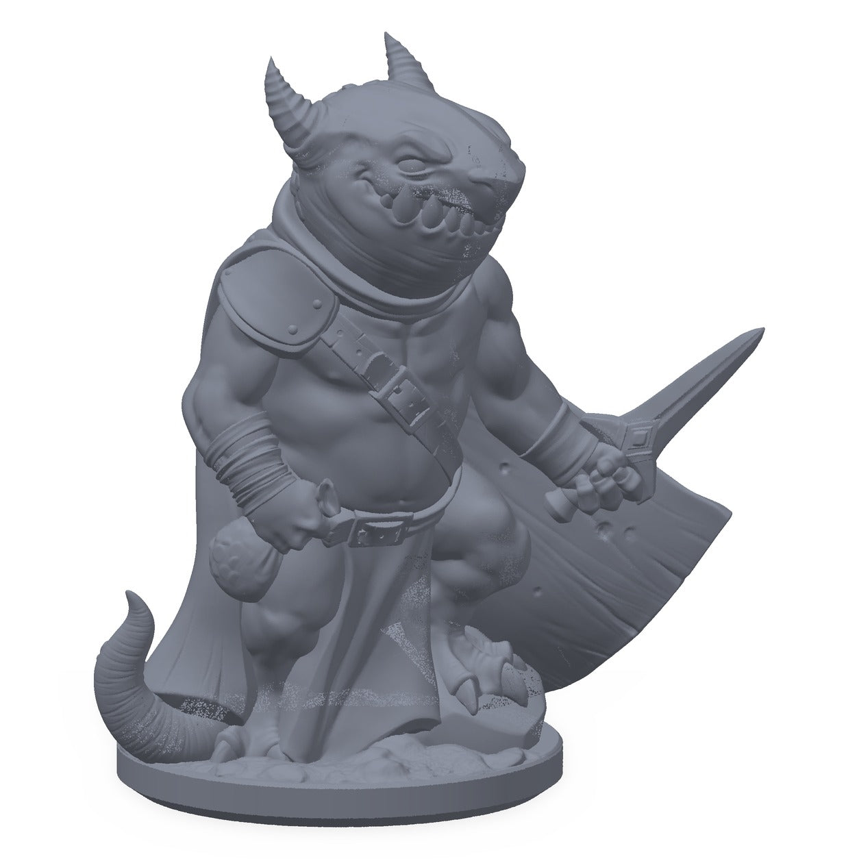3D-printet koboldtyv-miniatyr i grå PLA – kobold med sekk over skulderen og blikket bakover, til D&D og Pathfinder.
