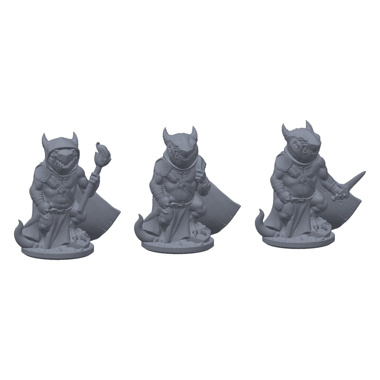 3D-printet sett med tre koboldtyver i grå PLA, til D&D og Pathfinder.