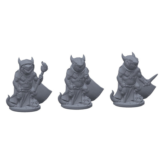 3D-printet sett med tre koboldtyver i grå PLA, til D&D og Pathfinder.