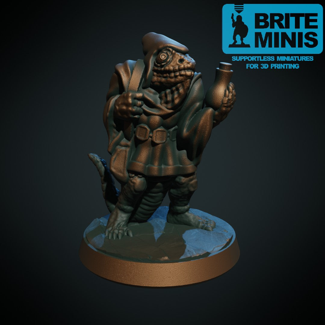 Lizardman-alkymist, 3D-printet D&D-miniatyr fra Spillsmia.