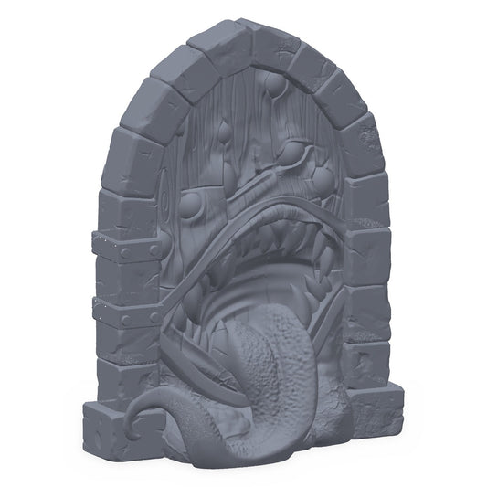 3D-printet mimic-dør-miniatyr i grå PLA – dør med tenner og tunge, til D&D og Pathfinder.