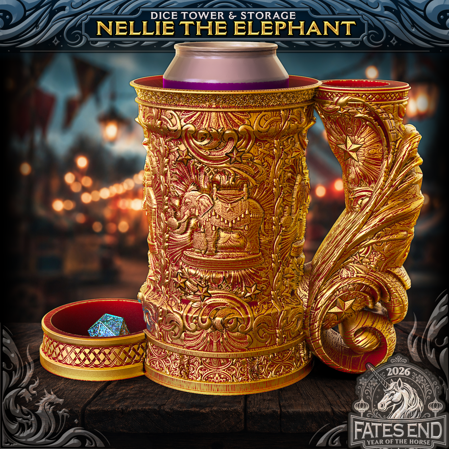 Nellie the Elephant - terningtårn og oppbevaring fra FatesEnd, 3D-printet til D&D og rollespill.