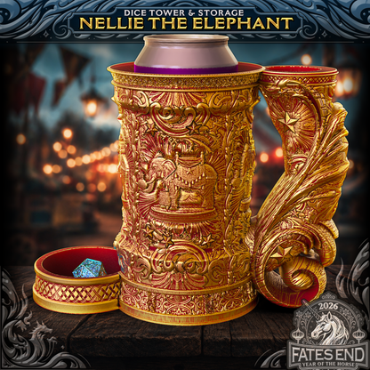 Nellie the Elephant - terningtårn og oppbevaring fra FatesEnd, 3D-printet til D&D og rollespill.