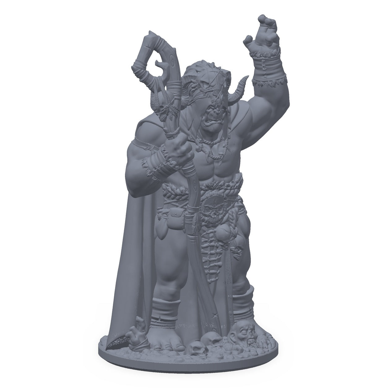3D-printet ork-nekromantiker-miniatyr i grå PLA – ork med hornet hodeplagg og stav, til D&D og Pathfinder.