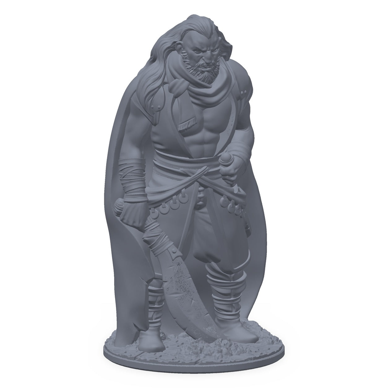3D-printet ørkenbanditt-miniatyr i grå PLA – kriger med kroksabel og skjerf, til D&D og Pathfinder.