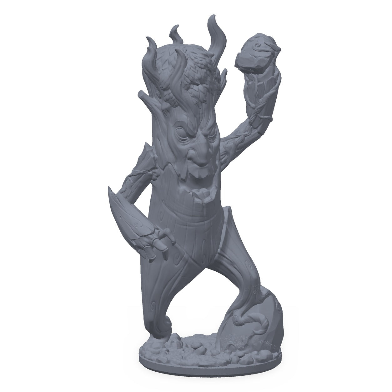 Grå 3D-printet miniatyr av en rasende treånd med greinarmer, til D&D og Pathfinder.