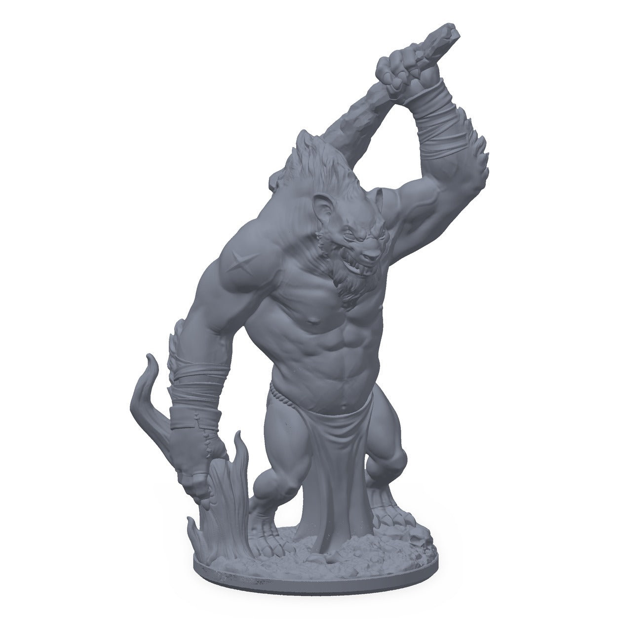 Grå 3D-printet miniatyr av en stor gnollbersærk, til D&D og Pathfinder.
