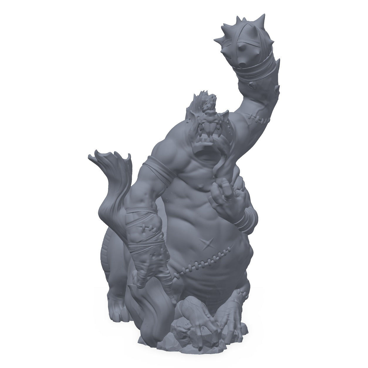 Grå 3D-printet miniatyr av en massiv rottefolk-brute med piggkule på neven, til D&D og Pathfinder.