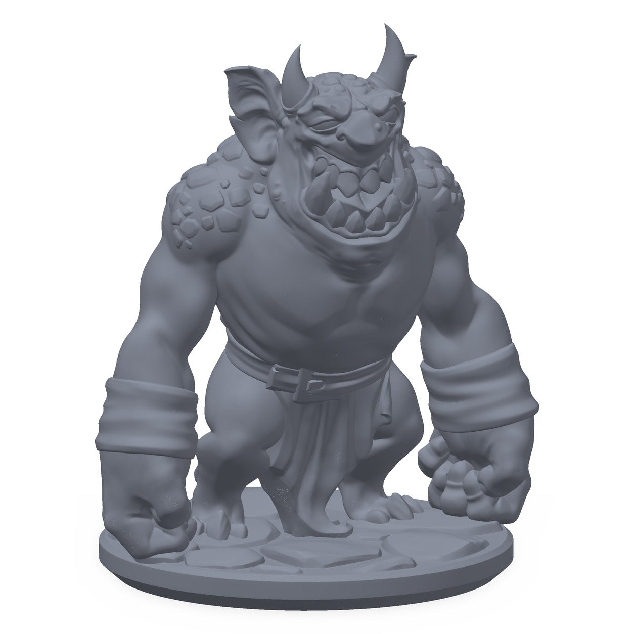 Grå 3D-printet miniatyr av en liten djevel med horn og klør, til D&D og Pathfinder.