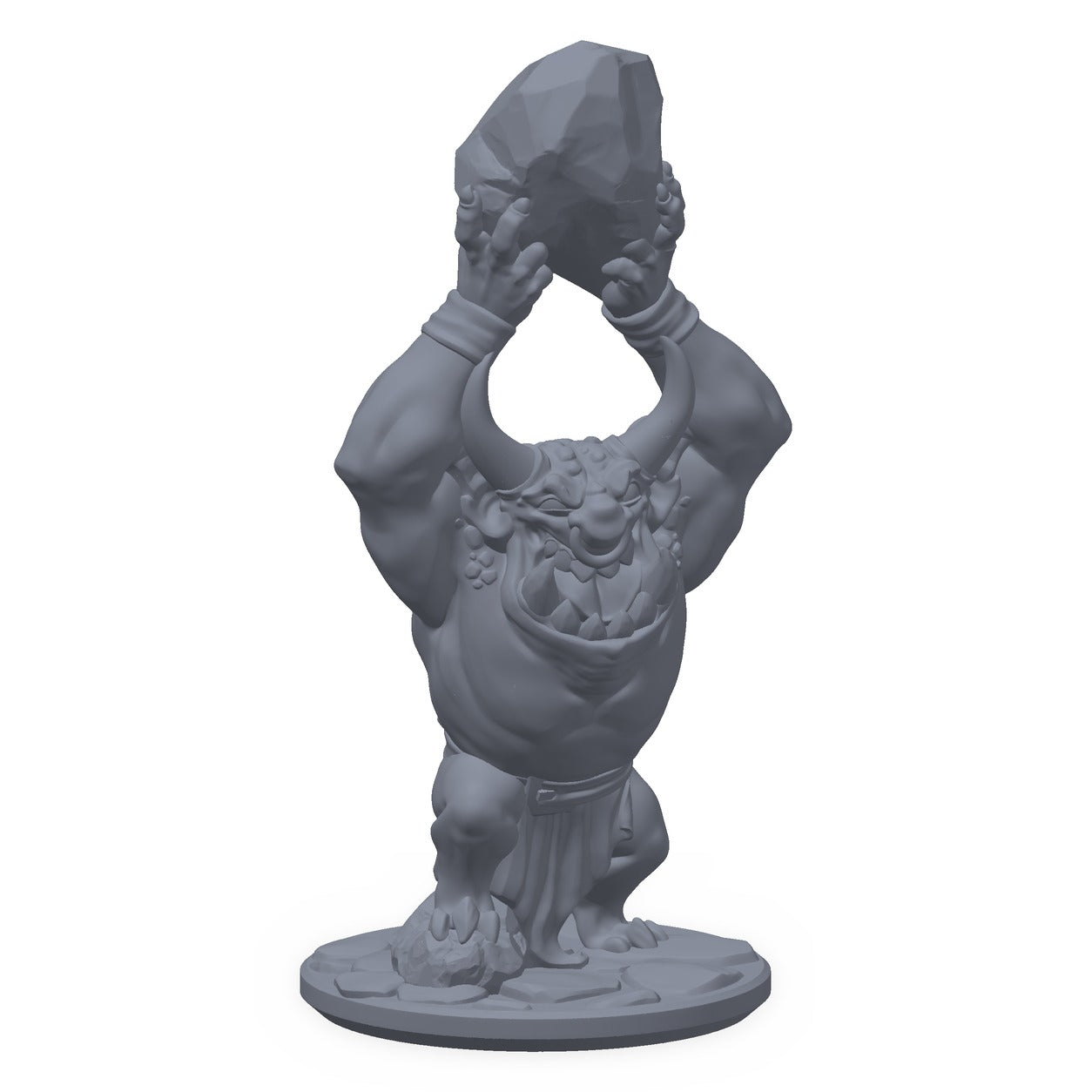 Grå 3D-printet miniatyr av en ung djevel som strekker seg høyt, til D&D og Pathfinder.