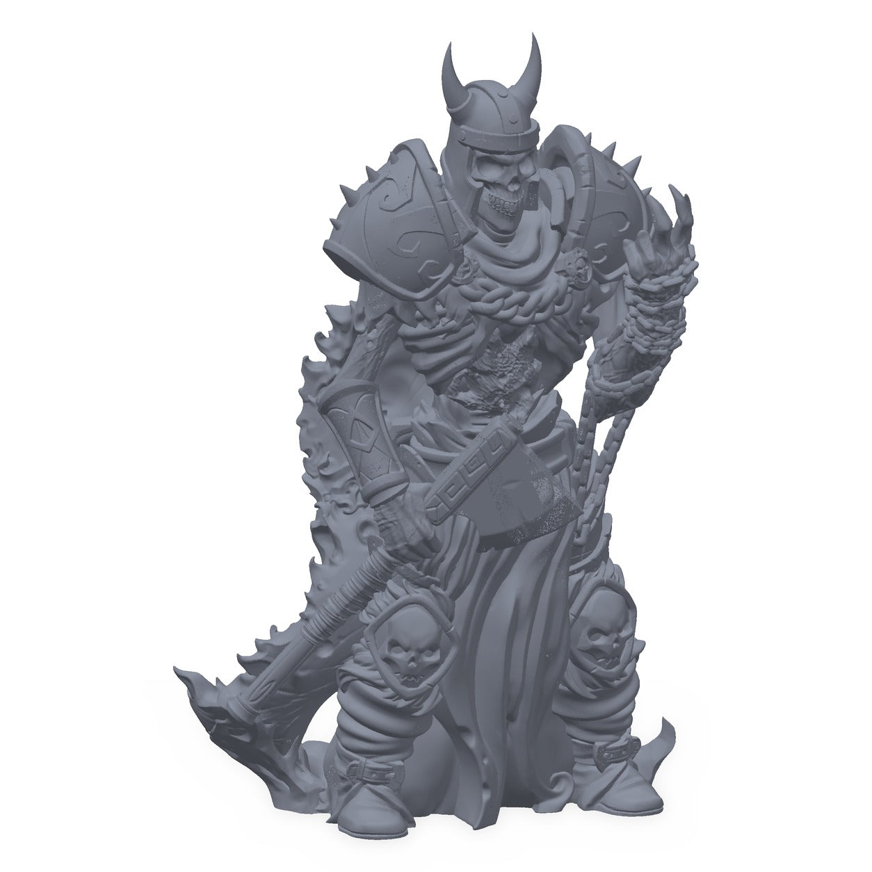 Grå 3D-printet miniatyr av en elite-skjelettkriger i tung rustning, til D&D og Pathfinder.