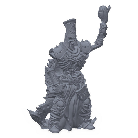 Grå 3D-printet miniatyr av en elite-skjelettmagiker med stav og kappe, til D&D og Pathfinder.