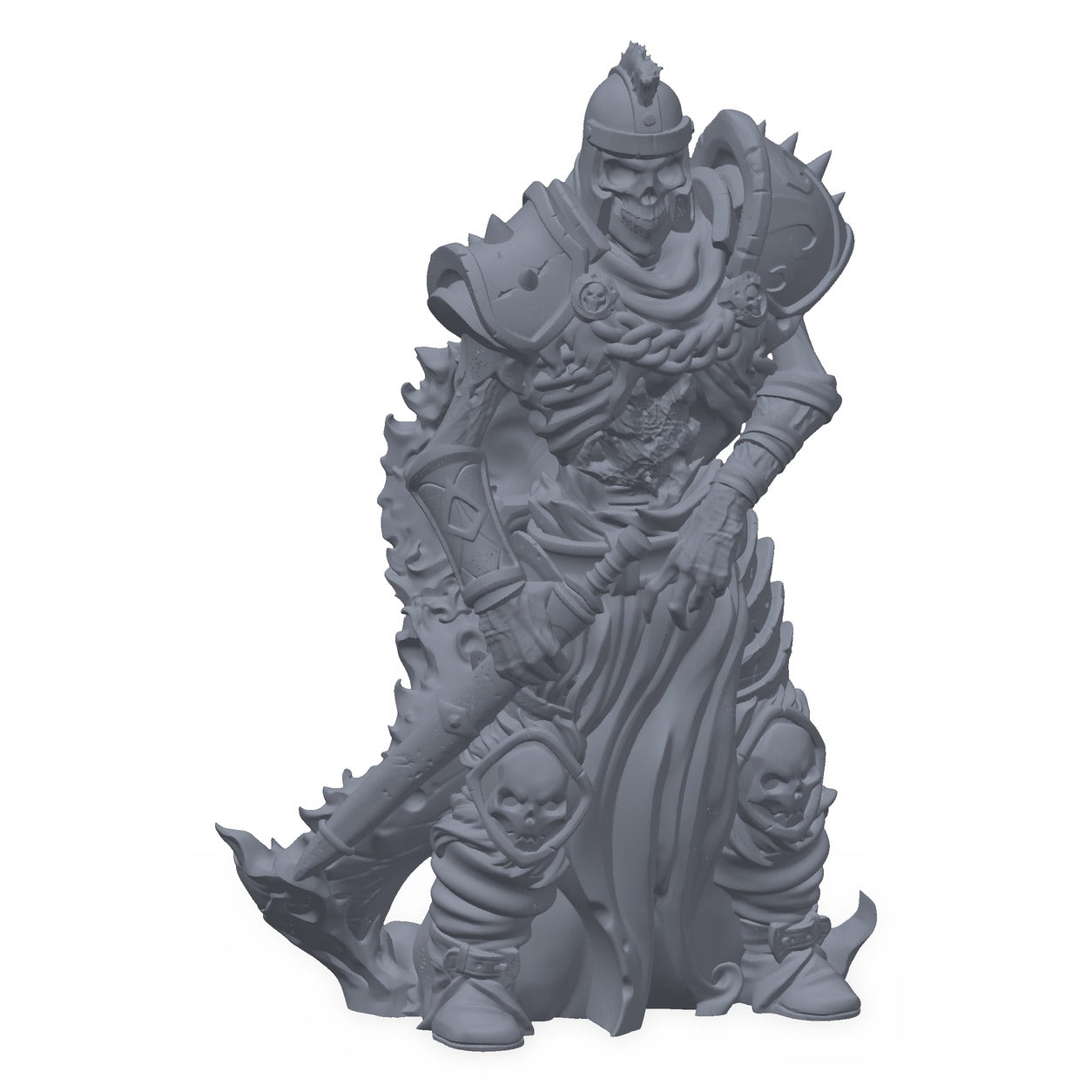 Grå 3D-printet miniatyr av en elite-skjelettsoldat med skjold, til D&D og Pathfinder.