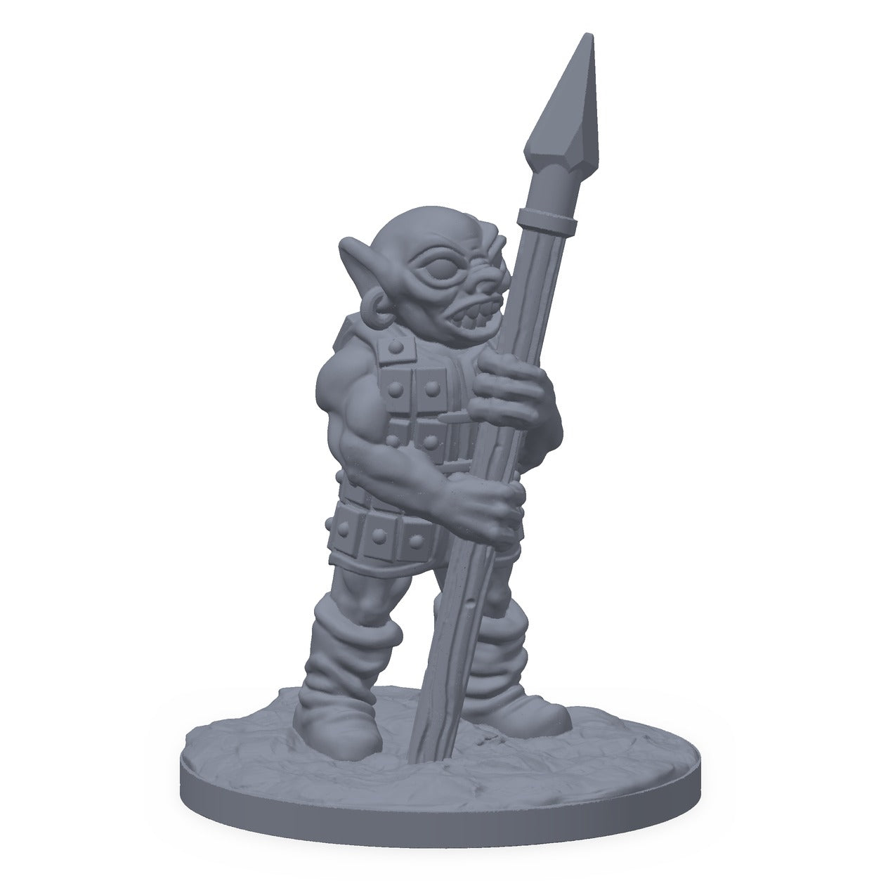 Grå 3D-printet miniatyr av en goblinkriger med spyd, til D&D og Pathfinder.