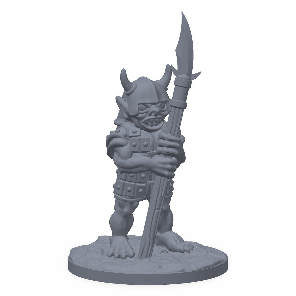 Grå 3D-printet miniatyr av en pansret goblinkriger med stangvåpen, til D&D og Pathfinder.