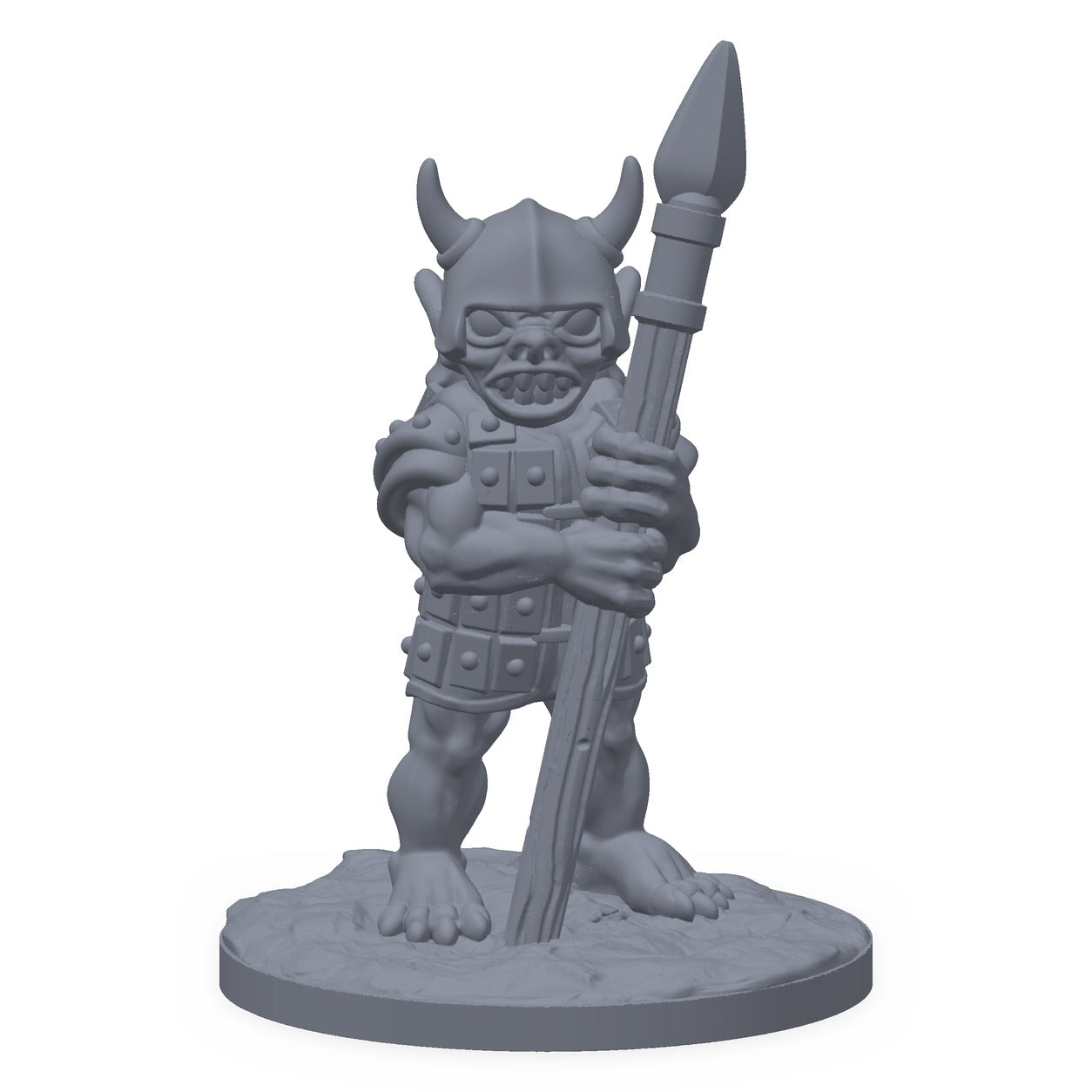 Grå 3D-printet miniatyr av en angripende goblinkriger med spyd, til D&D og Pathfinder.