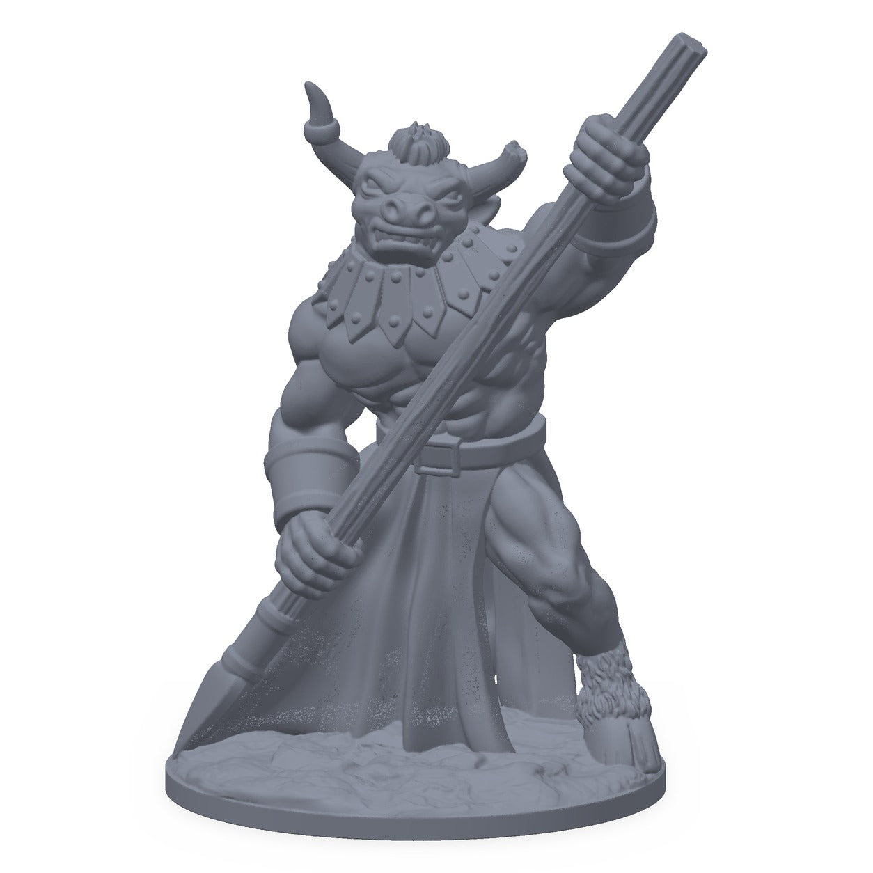 Grå 3D-printet miniatyr av en massiv minotaur med horn, til D&D og Pathfinder.