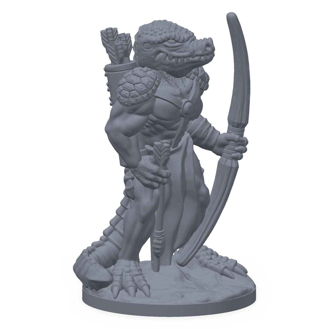 Grå 3D-printet miniatyr av en øglekriger med bue, til D&D og Pathfinder.