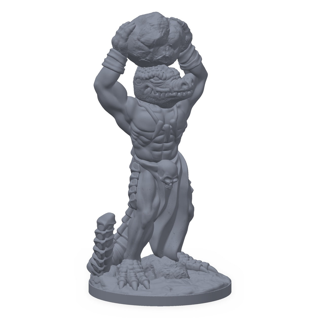 Grå 3D-printet miniatyr av en øglekriger som løfter en stor stein, til D&D og Pathfinder.