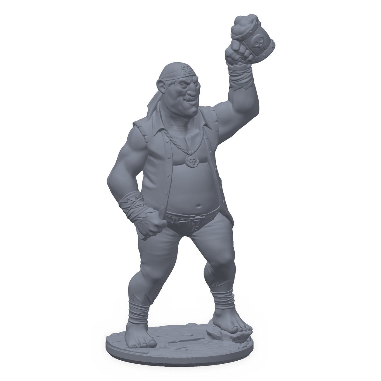 Grå 3D-printet miniatyr av en festglad piratmatros med krus, til D&D og Pathfinder.
