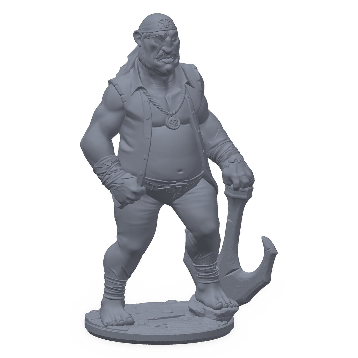 Grå 3D-printet miniatyr av en enøyd piratmatros med anker, til D&D og Pathfinder.
