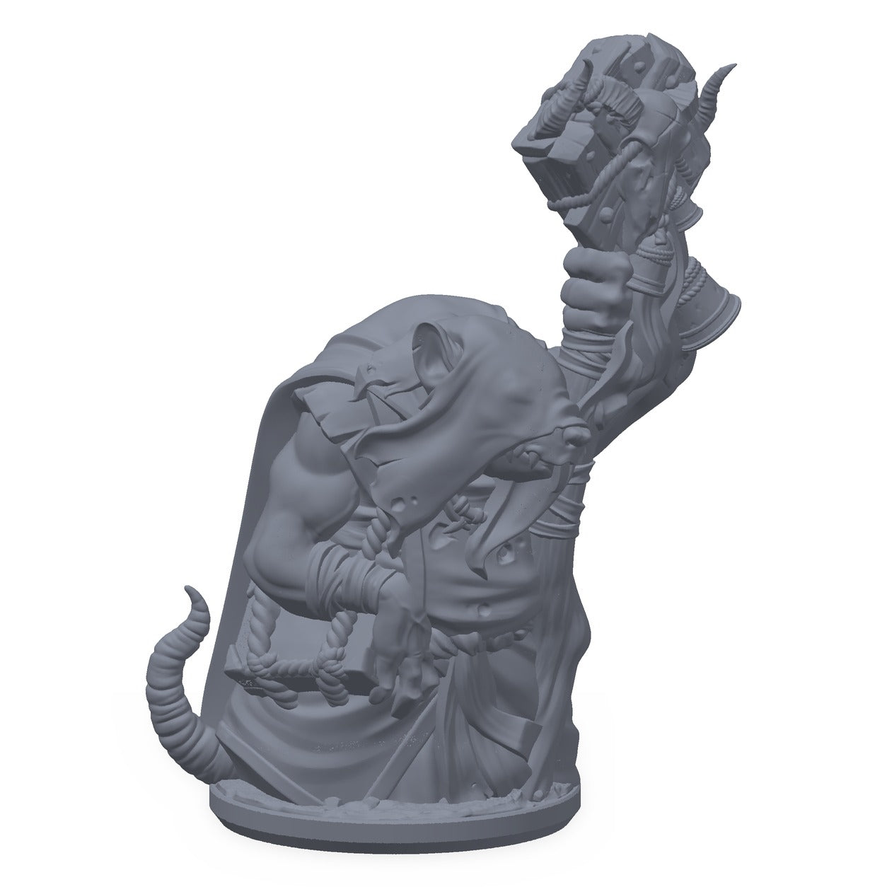 Grå 3D-printet miniatyr av en rottemann med hette og stav, til D&D og Pathfinder.