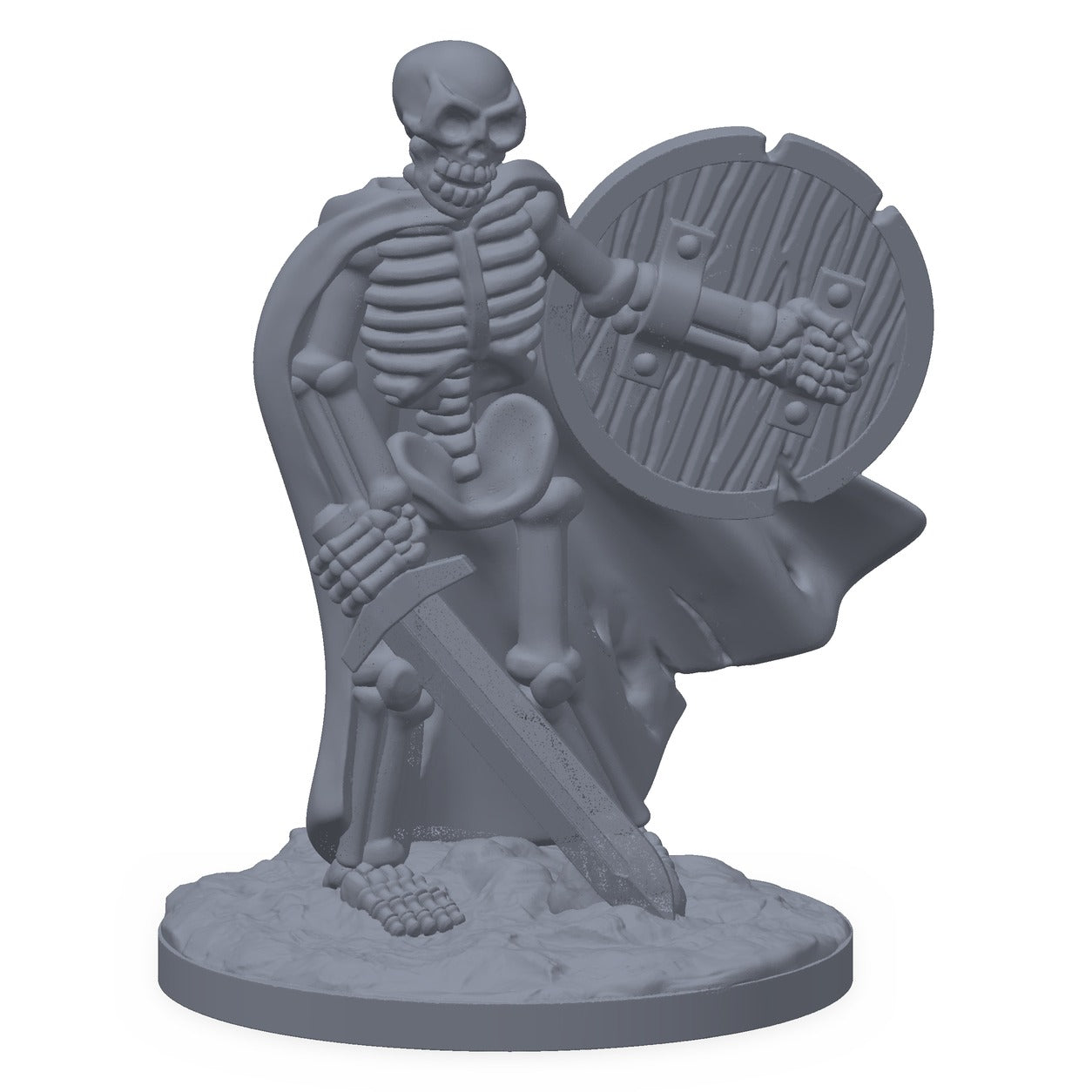 Grå 3D-printet miniatyr av et skjelett med sverd, til D&D og Pathfinder.